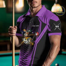 Load image into Gallery viewer, Man wearing a purple 9 ball cowboy billiard jersey beside a pool table front view.