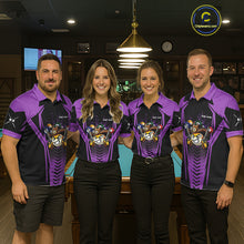 Load image into Gallery viewer, Pool team wearing matching purple 9 ball cowboy billiard jerseys during league matches front view.