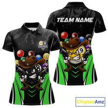 Load image into Gallery viewer, Black and green 8 ball and 9 ball billiard polo shirt for women with custom pool team graphics.