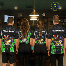 Load image into Gallery viewer, Back view of pool players wearing matching black and green billiard shirts in a game room.