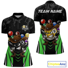 Load image into Gallery viewer, Black and green 8 ball and 9 ball billiard quarter zip shirt for women built for tournaments and league play.
