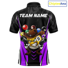 Load image into Gallery viewer, Black and purple 8 ball and 9 ball billiard polo shirt for men with custom pool team graphics.