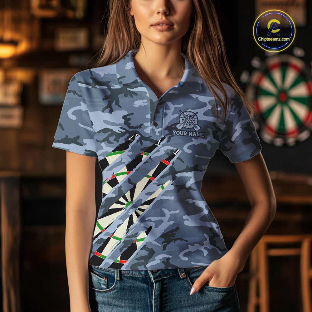 Woman wearing personalized blue military camo darts league team jersey polo shirt featuring blue military camouflage artwork, front view.