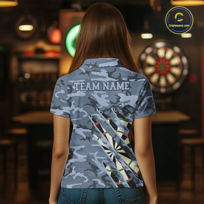 Woman wearing personalized blue military camo darts league team jersey polo shirt featuring blue military camouflage artwork, back view.