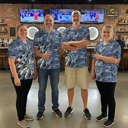 Man wearing personalized blue military camo darts league team jersey quarter zip shirt featuring blue military camouflage artwork, front view.