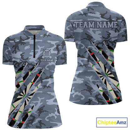 Personalized blue military camo darts league team jersey quarter zip shirt for women featuring blue camouflage graphics, premium custom darts apparel.