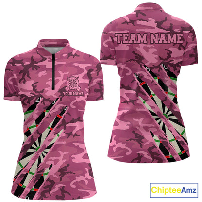 Personalized pink military camo darts league team jersey quarter zip shirt for women featuring pink camouflage graphics, premium custom darts apparel.