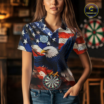 Woman wearing personalized American flag eagle darts team jersey polo shirt featuring patriotic eagle artwork, front view.