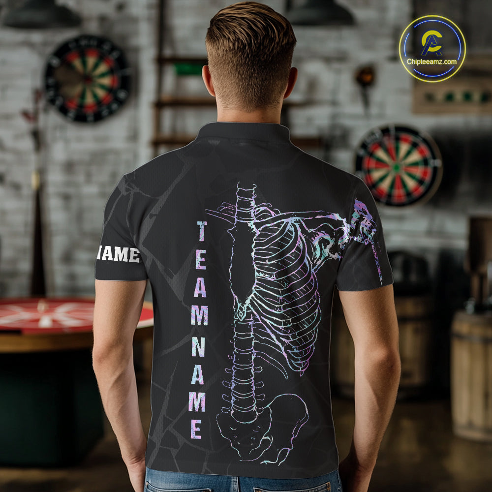 Man wearing personalized holographic funny skeleton darts team jersey polo shirt featuring holographic skeleton artwork, back view.