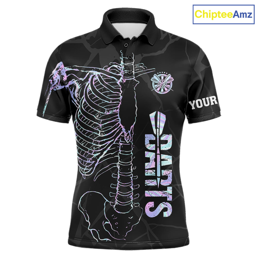 Personalized holographic funny skeleton darts team jersey polo shirt for men featuring vibrant holographic skeleton artwork, premium custom darts league apparel and unique darts gifts.