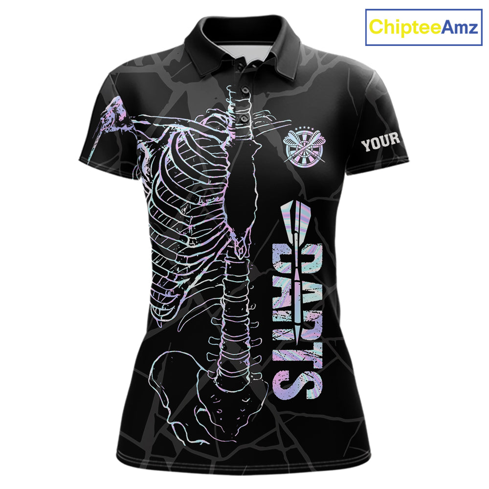 Personalized holographic funny skeleton darts team jersey polo shirt for women featuring vibrant holographic skeleton artwork, premium custom darts league apparel and unique darts gifts.