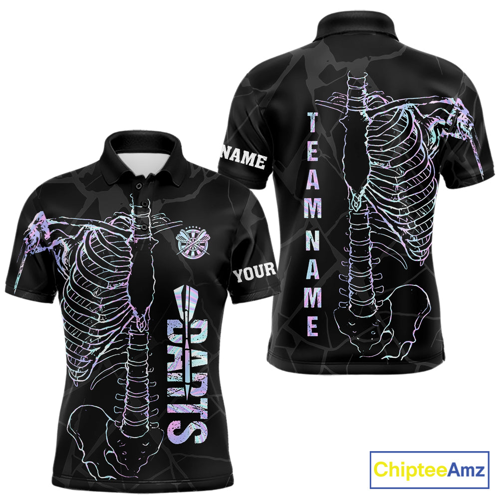 Personalized holographic funny skeleton darts team jersey polo shirt for men featuring vibrant holographic skeleton artwork, premium custom darts league apparel and unique darts gifts.