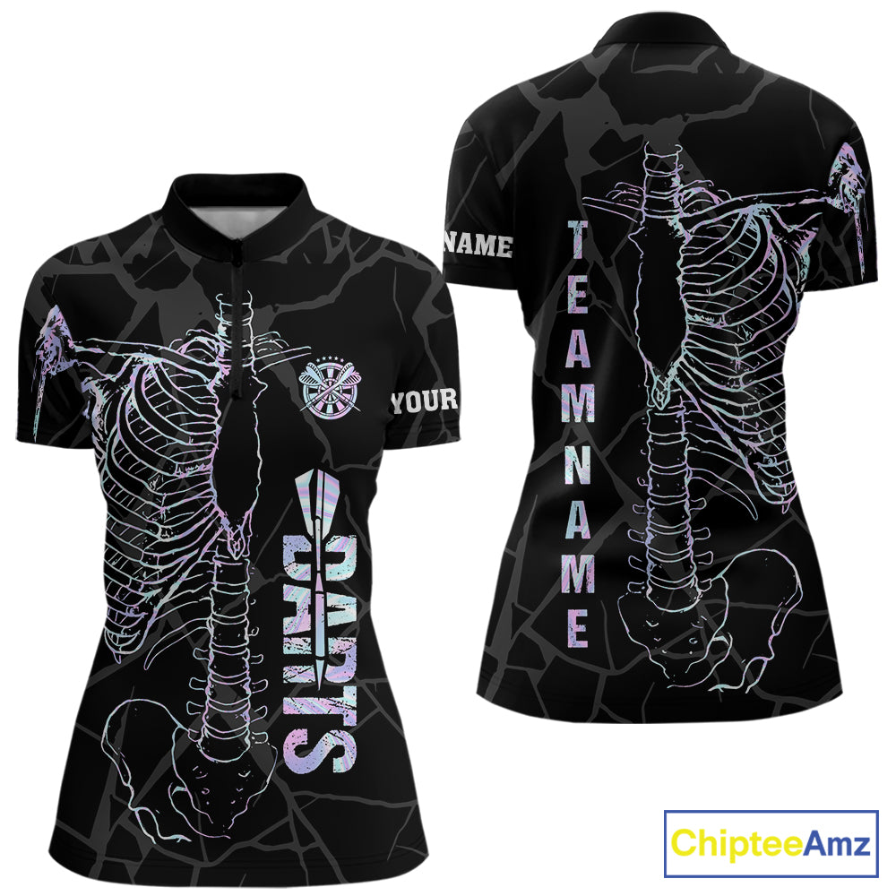 Personalized holographic funny skeleton darts team jersey quarter zip shirt for women featuring colorful holographic skeleton graphics, premium custom darts apparel.