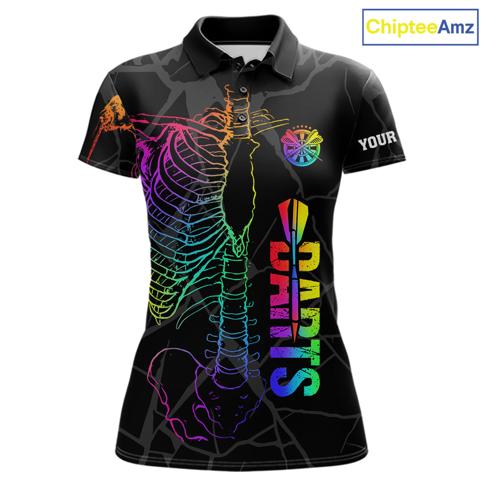 Colorful rainbow funny skeleton darts team jersey polo shirt for women featuring a vibrant rainbow skeleton design, premium custom darts league apparel and unique darts gifts.