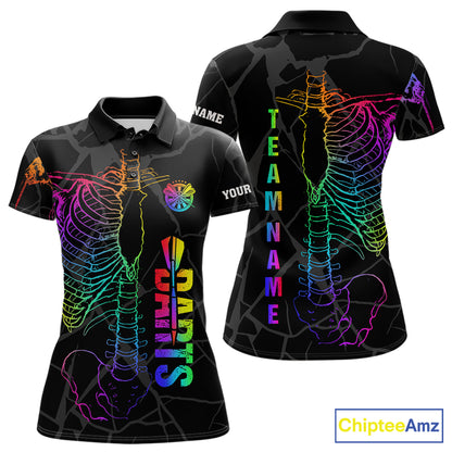 Colorful rainbow funny skeleton darts team jersey polo shirt for women featuring a vibrant rainbow skeleton design, premium custom darts league apparel and unique darts gifts.