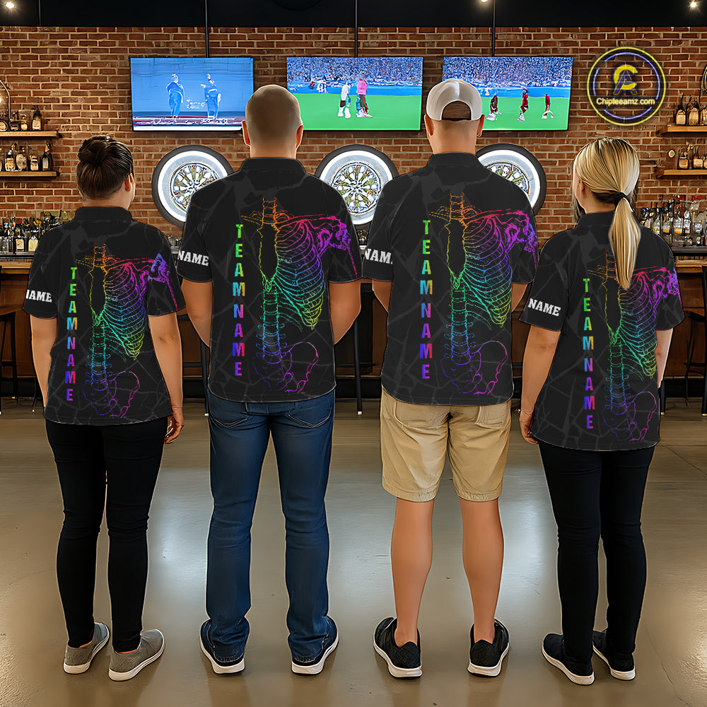 Darts team wearing matching colorful rainbow funny skeleton darts team jerseys featuring