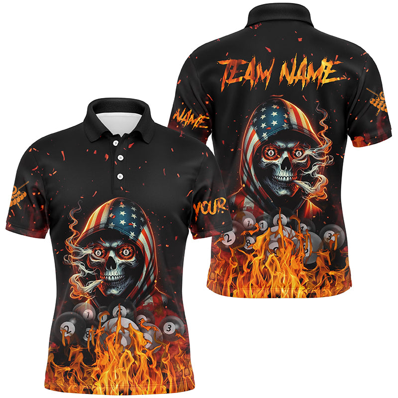 Funny Skull US Flag Fire Custom Billiard Shirts For Men, Patriotic Billiard Jerseys Apparel TDM2240