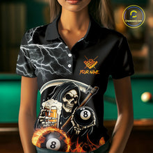 Load image into Gallery viewer, Personalized Grim Reaper Pool And Beer Flame Billiard Shirt For Women, Funny 8 Ball Pool Team Jersey TDM5014