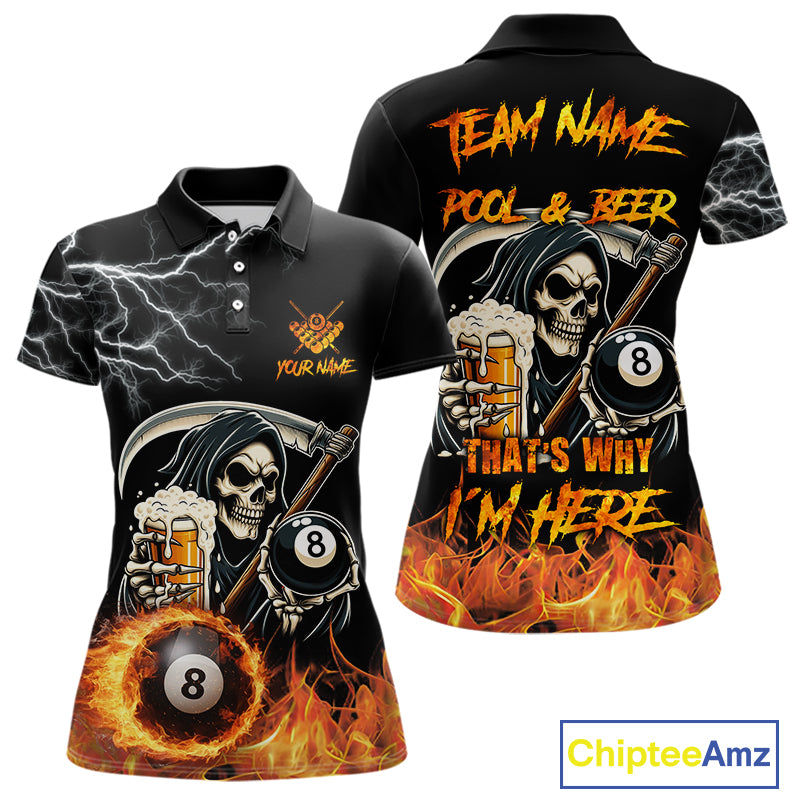 Personalized Grim Reaper Pool And Beer Flame Billiard Shirt For Women, Funny 8 Ball Pool Team Jersey TDM5014