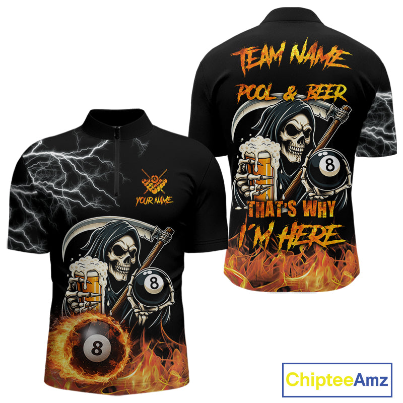 Personalized Grim Reaper Pool And Beer Flame Billiard Shirt For Men, Funny 8 Ball Pool Team Jersey TDM5014