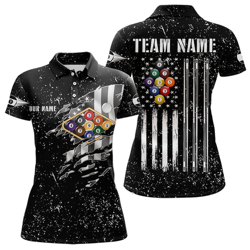 Personalized Black Grunge US Flag Billiard Balls Polo, 1/4 Zip For Women, 9 Ball Pool Billiard Jersey TDM3574