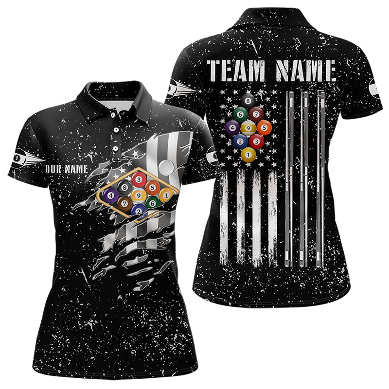 Personalized Black Grunge US Flag Billiard Balls Polo, 1/4 Zip For Women, 9 Ball Pool Billiard Jersey TDM3574