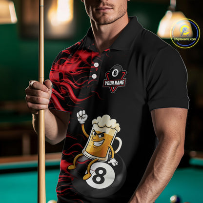 Red Flaming Funny Beer 8 Ball Billiard Shirt For Men Custom Pool Team Jersey Polo & 1/4 Zip TDM5936