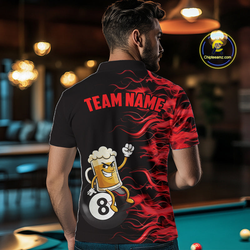 Red Flaming Funny Beer 8 Ball Billiard Shirt For Men Custom Pool Team Jersey Polo & 1/4 Zip TDM5936