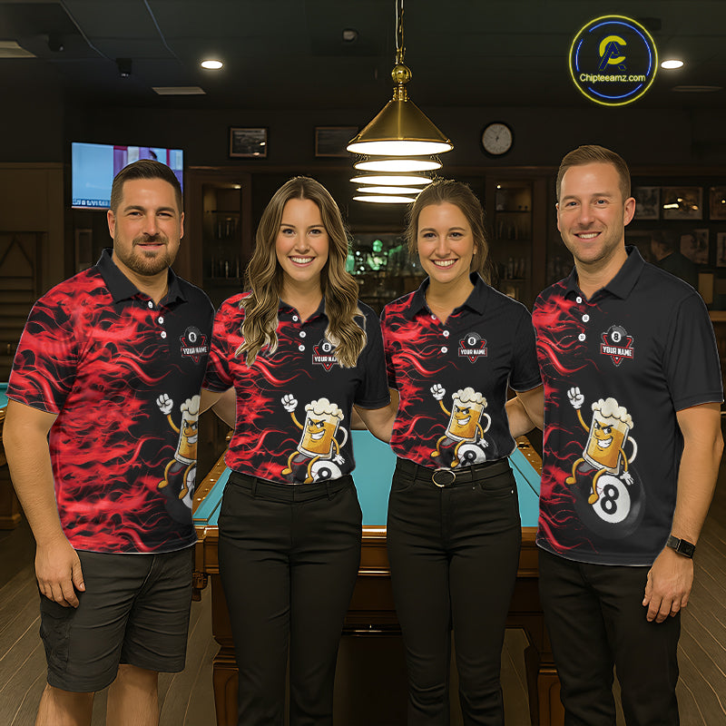 Red Flaming Funny Beer 8 Ball Billiard Shirt For Men Custom Pool Team Jersey Polo & 1/4 Zip TDM5936
