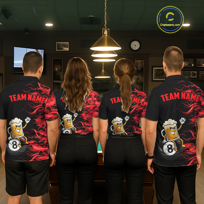 Red Flaming Funny Beer 8 Ball Billiard Shirt For Men Custom Pool Team Jersey Polo & 1/4 Zip TDM5936