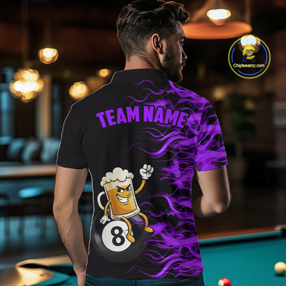 Purple Flaming Funny Beer 8 Ball Billiard Shirt For Men Custom Pool Team Jersey Polo & 1/4 Zip TDM5938