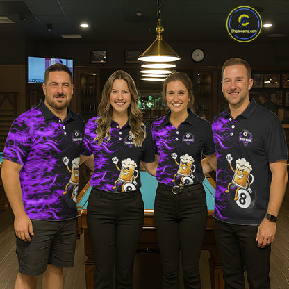 Purple Flaming Funny Beer 8 Ball Billiard Shirt For Men Custom Pool Team Jersey Polo & 1/4 Zip TDM5938