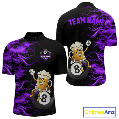 Purple Flaming Funny Beer 8 Ball Billiard Shirt For Men Custom Pool Team Jersey Polo & 1/4 Zip TDM5938