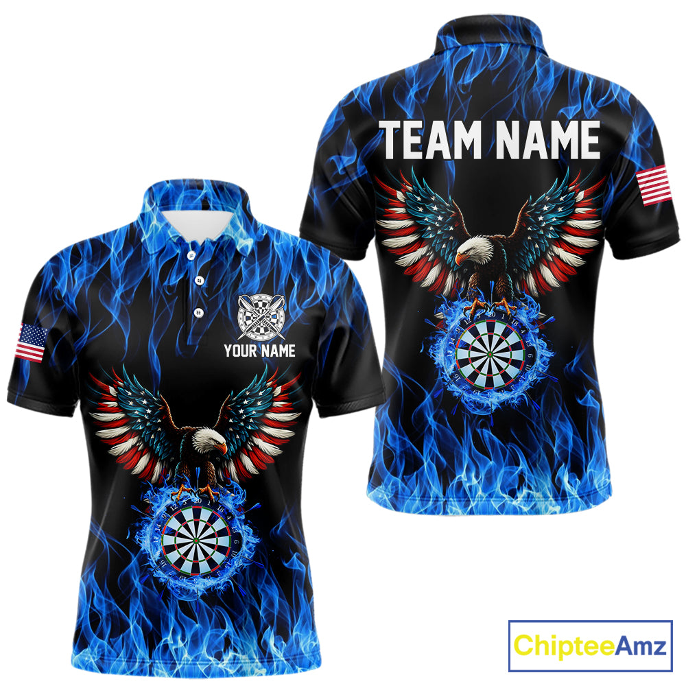 Blue Flaming American Flag Eagle Darts Shirt For Men Custom Darts Jersey Team Polo & 1/4 Zip TDM5941