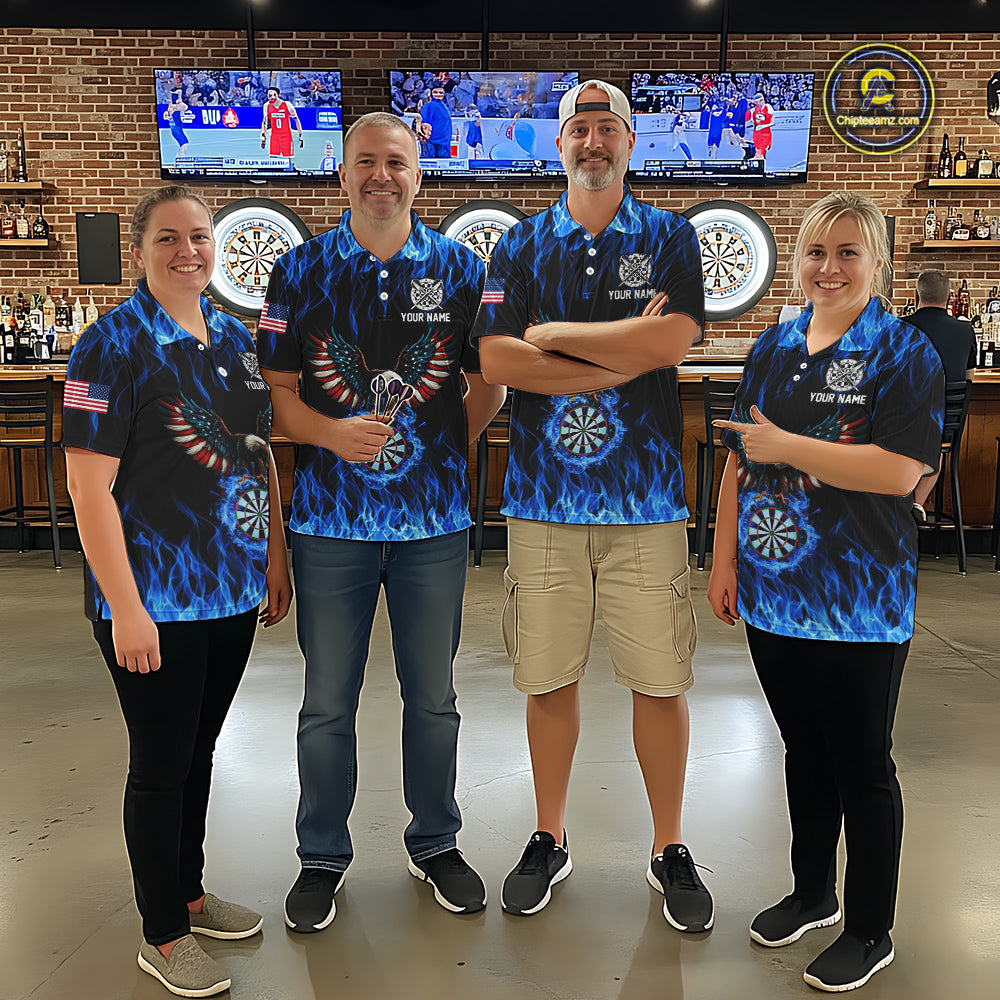 Blue Flaming American Flag Eagle Darts Shirt For Men Custom Darts Jersey Team Polo & 1/4 Zip TDM5941