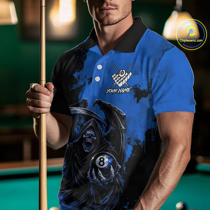 Blue Grim Reaper 8 Ball Billiard Shirt For Men Custom Skull Pool Team Jersey Polo & 1/4 Zip TDM6103