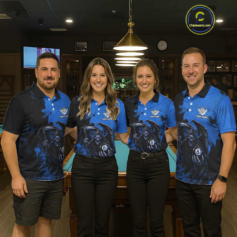 Blue Grim Reaper 8 Ball Billiard Shirt For Men Custom Skull Pool Team Jersey Polo & 1/4 Zip TDM6103