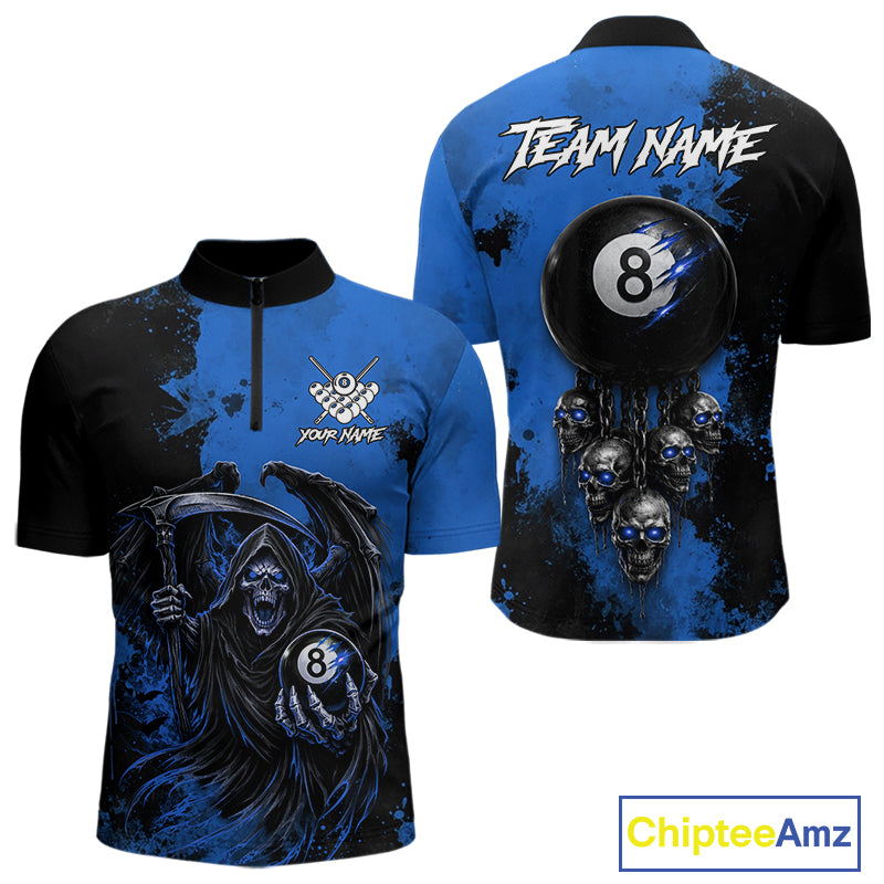 Blue Grim Reaper 8 Ball Billiard Shirt For Men Custom Skull Pool Team Jersey Polo & 1/4 Zip TDM6103