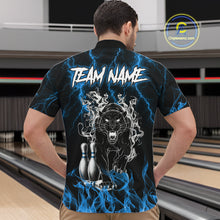 Load image into Gallery viewer, Back view of man wearing a blue flaming panther bowling quarter zip shirt in a bowling alley.