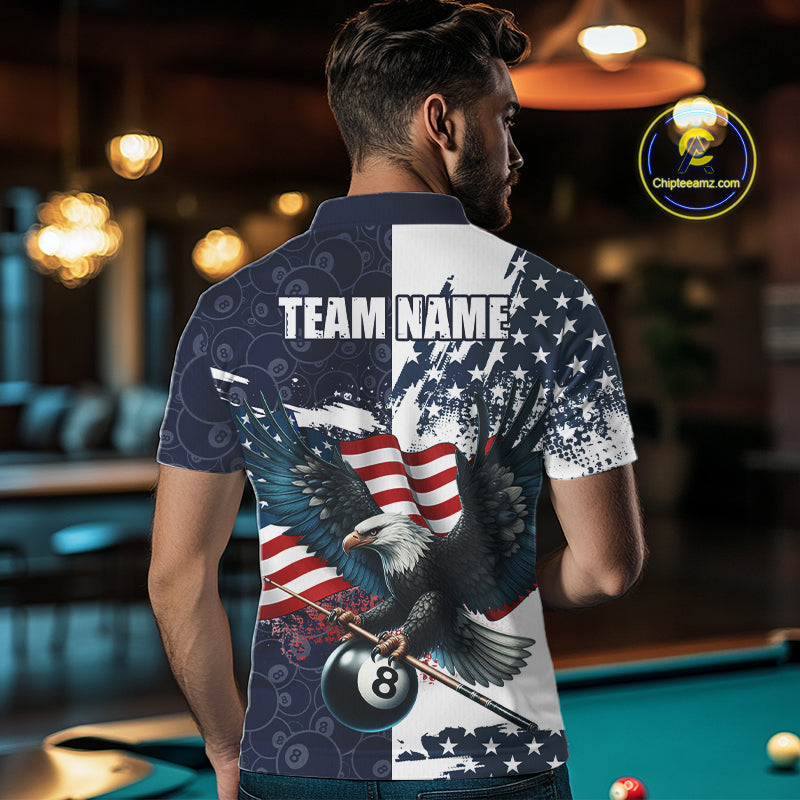Personalized American Flag Eagle Men Billiard Shirt Custom Patriotic 8 Ball Pool Team Jersey |Navy TDM4369