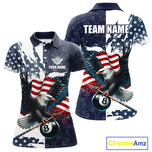 Personalized American Flag Eagle Women Billiard Shirt Custom Patriotic 8 Ball Pool Team Jersey |Navy TDM4369