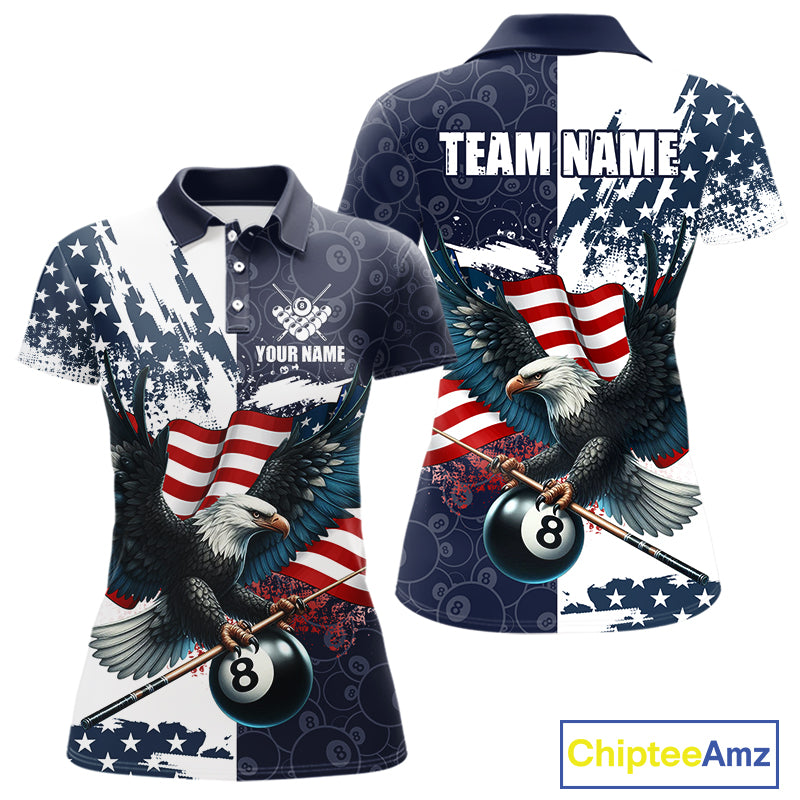 Personalized American Flag Eagle Women Billiard Shirt Custom Patriotic 8 Ball Pool Team Jersey |Navy TDM4369