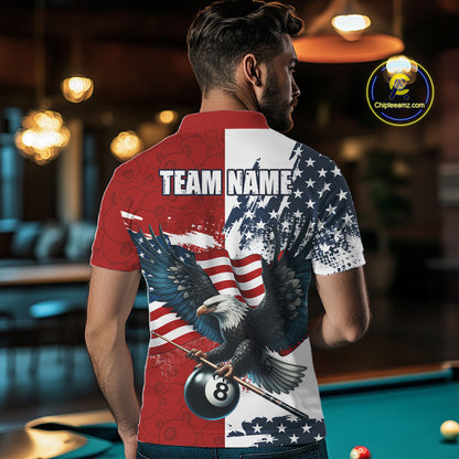 Personalized American Flag Eagle Men Billiard Shirt Custom Patriotic 8 Ball Pool Team Jersey |Red TDM4370