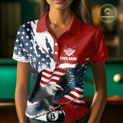 Personalized American Flag Eagle Women Billiard Shirt Custom Patriotic 8 Ball Pool Team Jersey |Red TDM4370