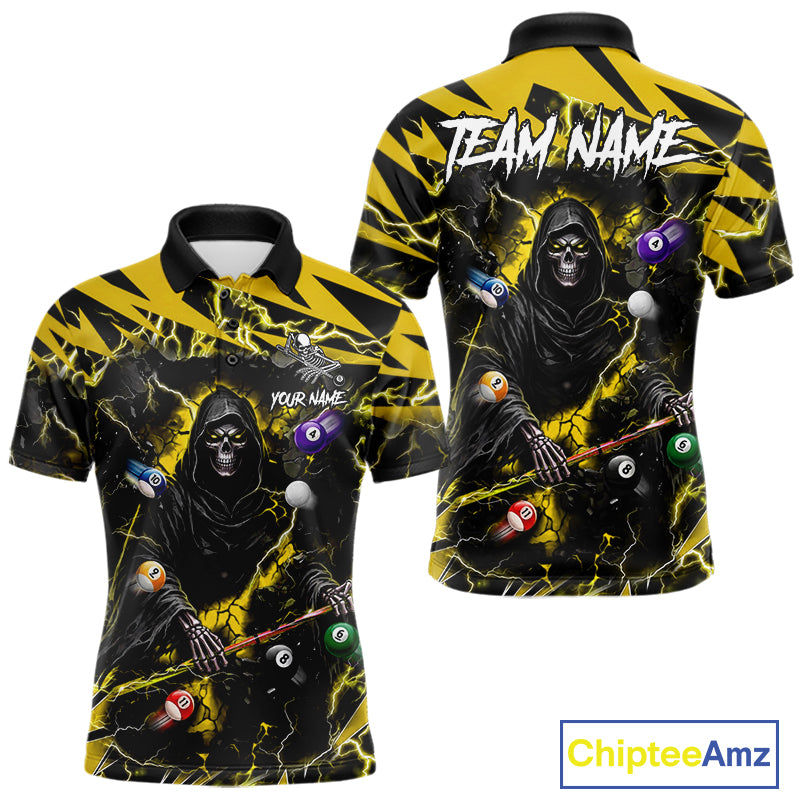 Yellow Grim Reaper lightning 8 ball pool billiard team jersey polo shirt for men featuring a fierce Grim Reaper and yellow lightning artwork, premium custom pool team apparel.