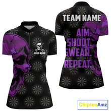 Load image into Gallery viewer, Funny Purple Camo Darts Skull Aim Shoot Swear Repeat Custom Dart Shirts For Women, Darts Team Jersey TDM4798