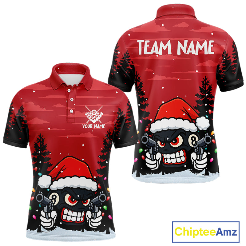 Personalized Red Christmas Santa 8 Ball Pool Billiard Shirts For Men, Funny Xmas Billiard Jerseys TDM5221