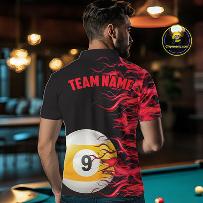 Red Flaming 8 Ball & 9 Ball Billiard Shirt For Men Custom Pool Team Jersey Polo & Quarter Zip TDM5481