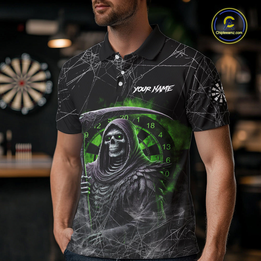 Black And Green Smoke Grim Reaper Funny Dart Shirts For Men Custom Dart Jerseys, Darts Clothing TDM5486