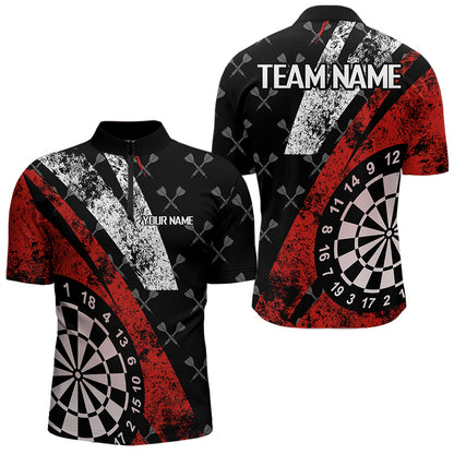 Black And Red Grunge Darts Polo & Quarter Zip Custom Darts Shirts For Men, Best Darts Team Jerseys TDM3447
